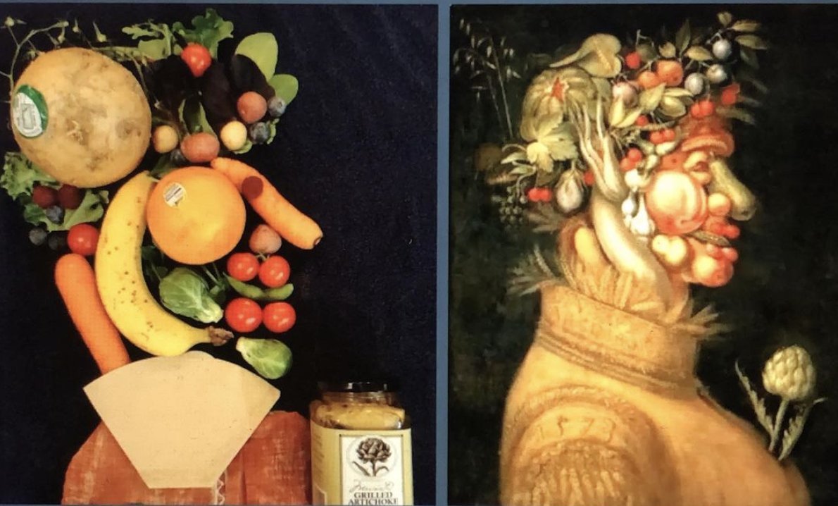 DianaEGarvin's tweet photo. Late to the party on this one, but Iβm absolutely loving the modernizations of cuisine in Renaissance and Early Modern Italian art that my students did as part of their midterms. Delicious Arcimboldo #testecomposte below. #gastronomichistory #italianfood #italianarthistory https://t.co/eFSOUoGh5Q