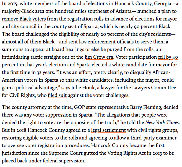 In 2015 white election board members in majority-Black town of Sparta GA tried to purge 20% of Black voters from rolls & sent police to serve them summonsGOP state rep defended itHe's now chair of House "election integrity" commission designed to make it harder to vote