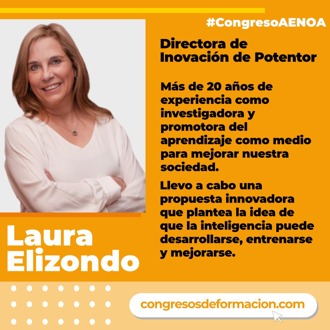 AenoaFormacion's tweet photo. Conoce a Laura Elizondo, tiene más de 20 años experiencia como investigadora y promotora del aprendizaje. Es socia directora de @lexiummx

No te pierdas su ponencia: La importancia de identificar las habilidades de aprendizaje

Link https://t.co/78vGGrZaa3

 #CongresoAENOA https://t.co/uPGjZQPIOD