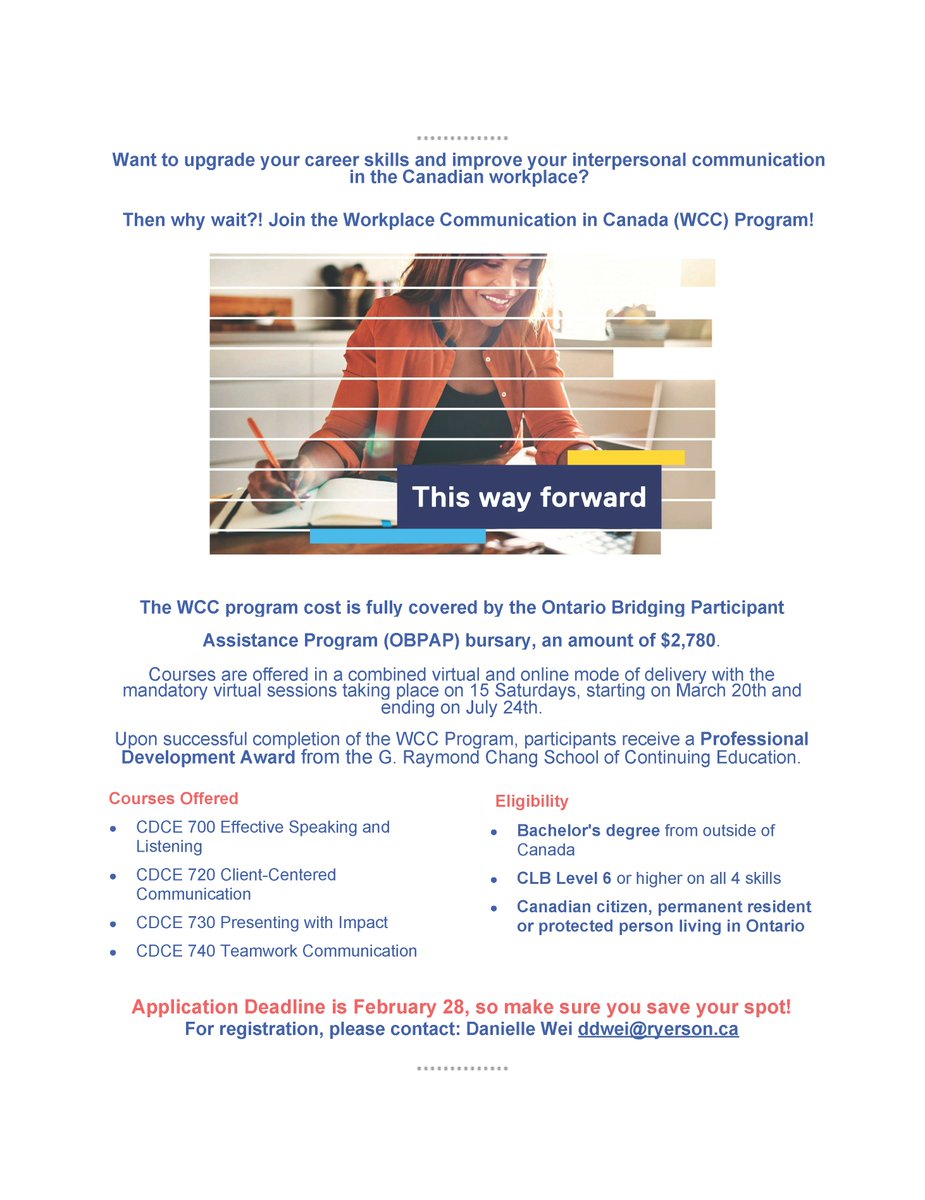 The WCC program offers a series of four consecutive blended courses designed to help
internationally trained individuals develop the intercultural communication skills required
to succeed in the Canadian workplace. @ChangSchool