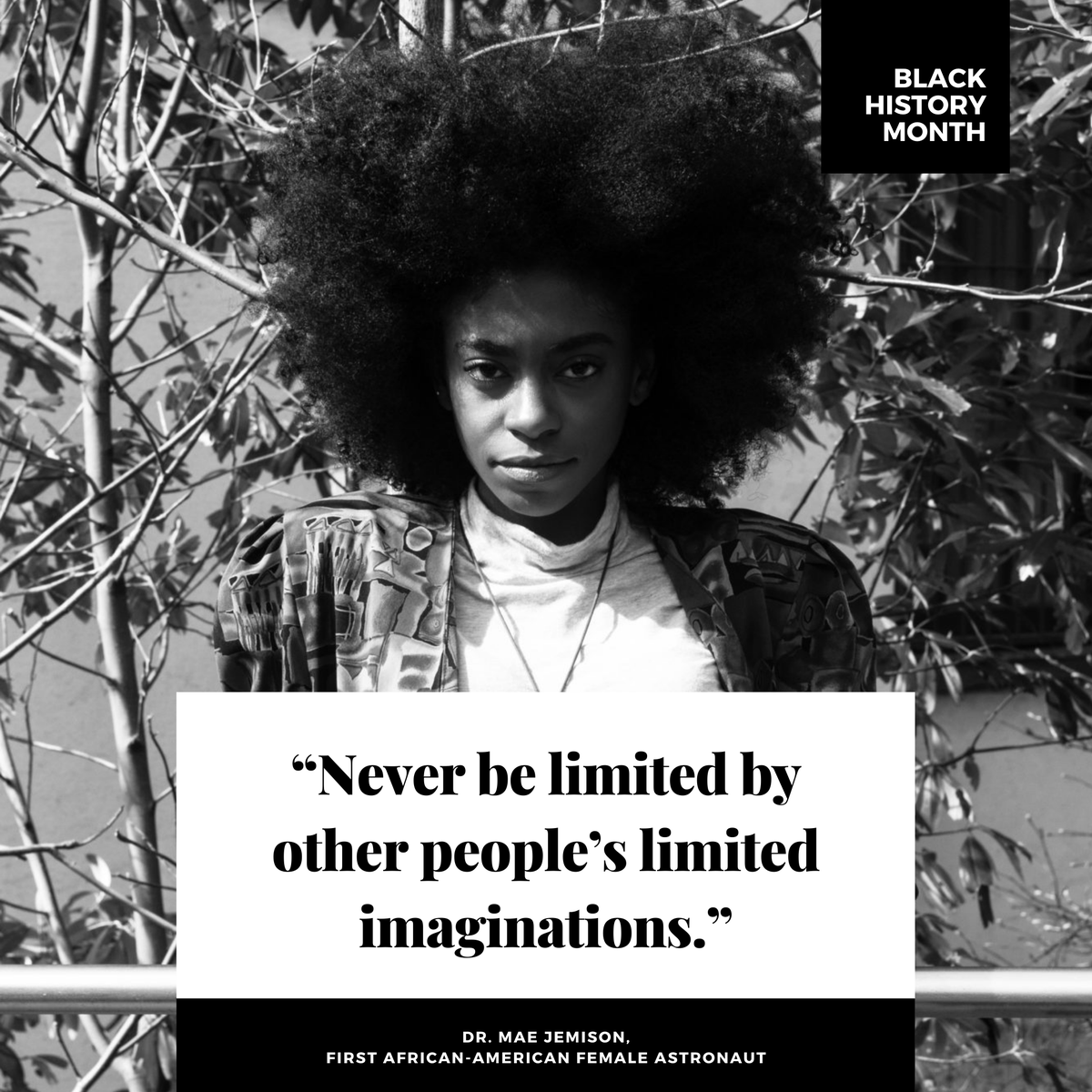"Never be limited by other people's limited imaginations."

-Dr. Mae Jemison, first African-American female astronaut