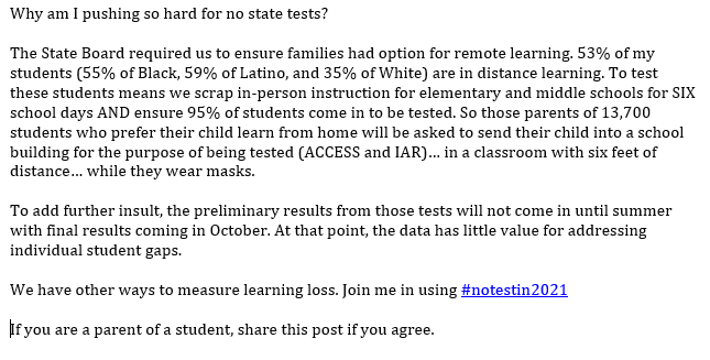 Tony Sanders (@tonysanderssupt) on Twitter photo 432 Illinois Superintendents are joining me in saying #notestin2021.  Thanks @DBoothCES95 <a href="/BroncatoPat/">Pat Broncato</a> <a href="/npolyak/">Nick Polyak</a> <a href="/mikelubelfeld/">Michael Lubelfeld</a> @MCUSDSupe <a href="/gfuerstenau/">Gregg Fuerstenau</a> and many others for joining.
For parents and students - See attached my explanation and join me in saying #notestin2021! R/T 432 Illinois Superintendents are joining me in saying #notestin2021.  Thanks @DBoothCES95 <a href="/BroncatoPat/">Pat Broncato</a> <a href="/npolyak/">Nick Polyak</a> <a href="/mikelubelfeld/">Michael Lubelfeld</a> @MCUSDSupe <a href="/gfuerstenau/">Gregg Fuerstenau</a> and many others for joining.
For parents and students - See attached my explanation and join me in saying #notestin2021! R/T