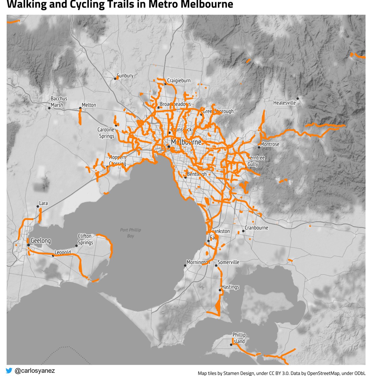 carlosyanez's tweet photo. Did you know that you can walk/ride from #Altona to #GlenIris or from #Broadmeadows to #Mordialloc, without (almost) crossing a road? This is a surprising thing about #Melbourne: an extensive network of trails - by the coast, along creeks! #liveablity #maps #r #ggmap https://t.co/sgM0moSuoH