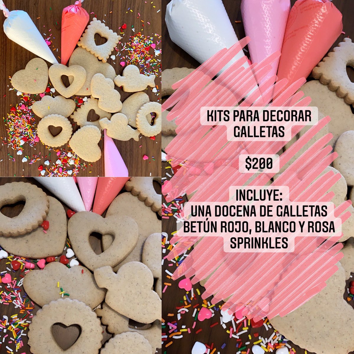 Maigos, ando levantando pedidos para San Valentín. 
Haré cajas con galletas decoradas y
Kits para decorar galletas, incluye galletas, betún y sprinkles.
Cualquiera de las dos opciones por $200.
La tendré listas a partir del 11 de febrero 

Me ayudarían mucho con un RT 🤓