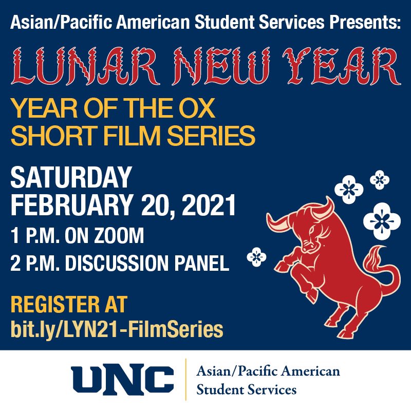 UNCoNASS's tweet photo. In collaboration with International Film Series,  @ApassUnco would like to invite you to join us as we celebrate the Year of the Ox! Register for Virtual Screening access to the films and the Zoom Q and A with the Directors at: https://t.co/qdXTTuL7MN https://t.co/XJ6tAcooGk