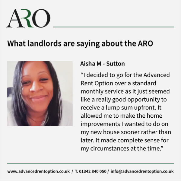 ARO__UK's tweet photo. This month Advanced Rent Option (ARO) smashes through the £2m barrier! The ARO is a quality full management service that includes a year's rent upfront, at no extra cost. Here is what one ARO landlord had to say about it. https://t.co/o1SijyagOf