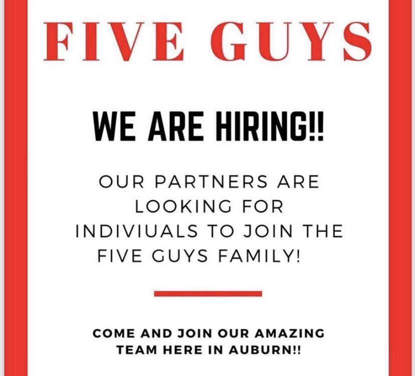 Hey Y’all, Five Guys in Downtown Auburn is hiring! If you’re looking for a job, go visit then today! 

#downtownauburn #hiring #auburnal 
#auburnjobs