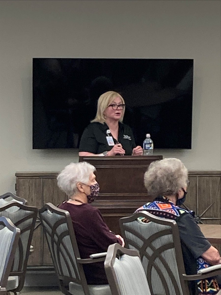 TxTeamRehab's tweet photo. Carrie, Speech Language Pathologist at Fleming Farms, gave a presentation to the residents on Covid Fog. It's important to keep resident informed and healthy throughout #Covid19, knowledge is power!
#txteam #slp https://t.co/kwmrZxVHlA