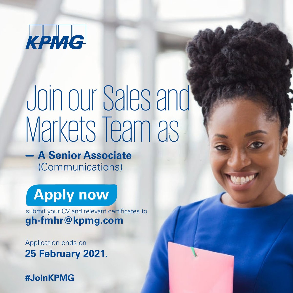 KPMG_GH's tweet photo. We are recruiting a Senior Associate (Communications) to join our Sales and Markets Team.
Find out more about the role and apply now, https://t.co/2TyxvIBfDQ
Application ends on Thursday, 25 February 2021.
#JoinKPMG #careers #KPMG #jobs #recruitment https://t.co/t4kS3Ayehl