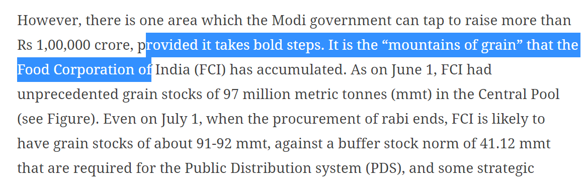 The FCI is GoI agency which procures agricultural produce at above guaranteed price irrespective of market price. This oversupply costs GoI around 100,000 Crores, this money, if saved can be used for social causes. Also 96% of MSP procurement is from only one state