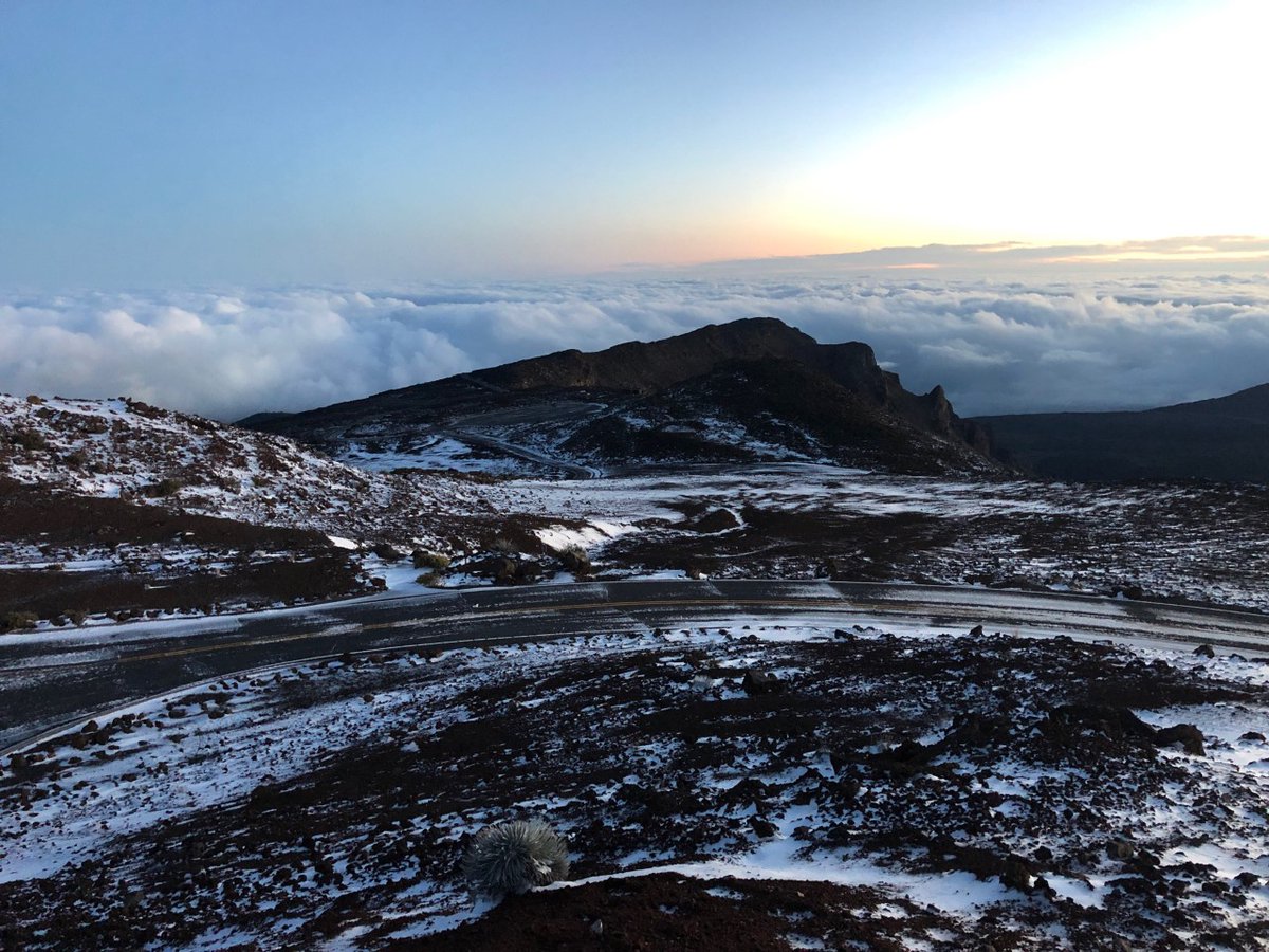 The Summit District is now open.  There is very little snow accumulation at the summit of Haleakalā and it is predominantly ice. Please stay on designated paths and trails as there may be fragile plant life hidden underneath the snow like the Haleakalā silversword. #Haleakala