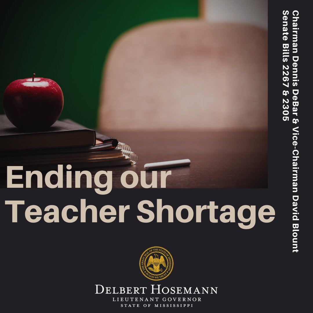 Senate Bills 2267 &amp; 2305, authored by Chairman @DebarDennis/<a href="/SenDavidBlount/">David Blount</a>, seek to help end the teacher shortage by easing reciprocity for those with a valid, out-of-state license &amp; creating a loan repayment program for new teachers. These bills passed the Senate today. #msleg