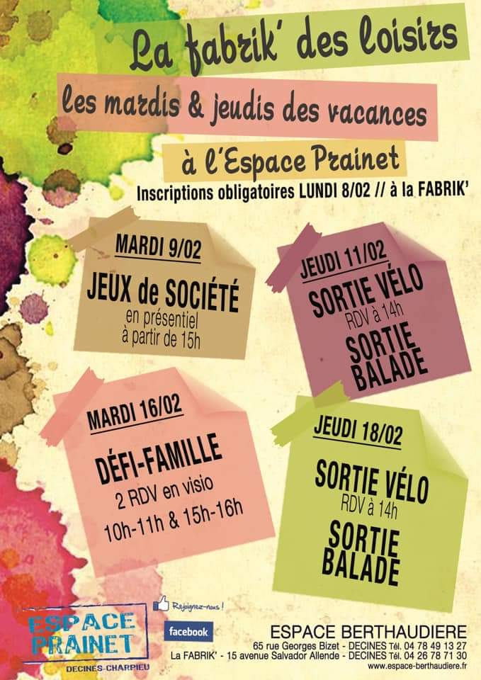 Berthaudiere's tweet photo. On vous dévoile ce soir la programmation de la fabrik de loisirs de février! Ce sont les ateliers enfants parents se déroulant à l’Espace Prainet pendant les vacances scolaires. 
LES INSCRIPTIONS : Lundi 8 février DE 10H À 12H à l’Espace Prainet, 15 avenue Salvador Allende. https://t.co/ADp0KkuqAV