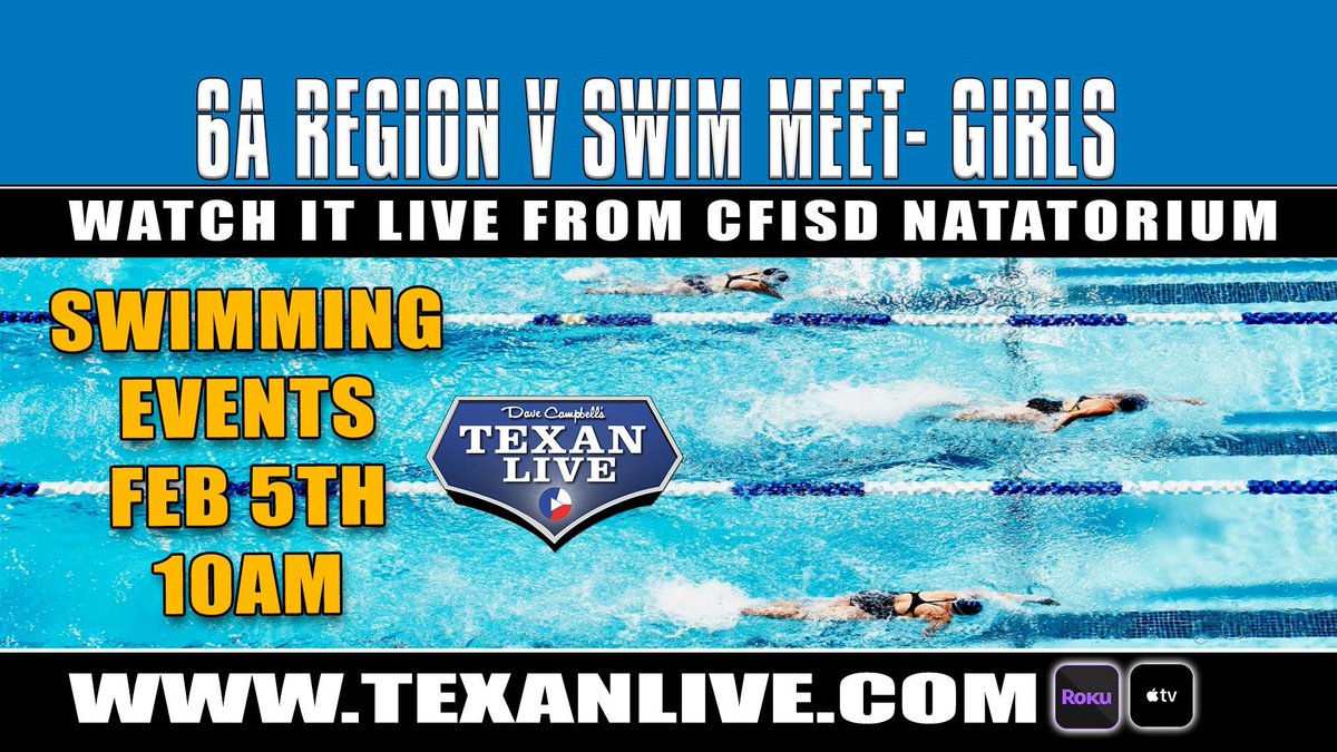 CyFairISD's tweet photo. The Class 6A Region V Swim Meets will be broadcast live Feb. 5-6 on @Texan_Live. Stream the competitions live here:

Girls (Feb. 5) - https://t.co/WpsyRVdmXL

Boys (Feb. 6) - https://t.co/7A3TWj5qVO https://t.co/vSubVBQAaI