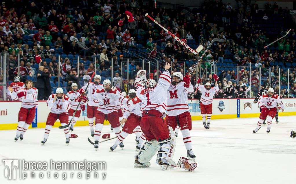 A picture of Ben in a moment of joy. 1st guy to throw off the helmet (left) in celebration following the 2015 NCHC Championship game. 

Ben was an incredible student &amp; part of 2 championship teams at Miami. After graduating, he proudly directed the documentary Missing 411. #RIP28
