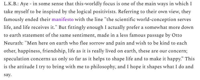 Short thread:In this interview Liam Bright favoringly cites the work of Otto Neurath as the beneficial fruit bore by the Vienna Circle.I think that this is an interesting window onto the worldview of Liam Bright & Co. Here is what Neurath believed and what Neurath did. 1/16  https://twitter.com/AaronRHanlon/status/1357360810515914753