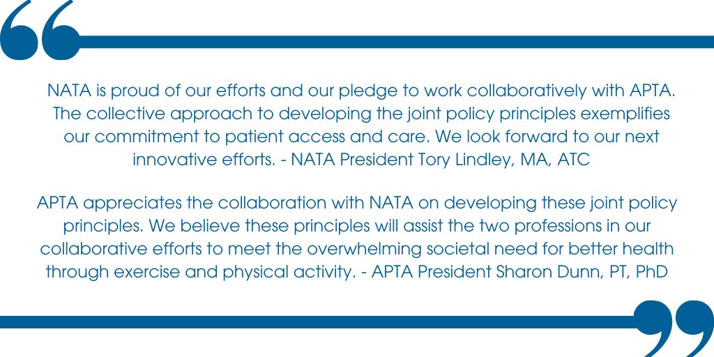 NATA1950's tweet photo. Today, APTA and NATA are proud to release a set of policy principles to advance public health and better meet the needs of patients. The Joint Policy Principles document demonstrates shared language and understanding in support of optimal patient care. https://t.co/9Ea3fG6xVA https://t.co/oWbAZV5PdA