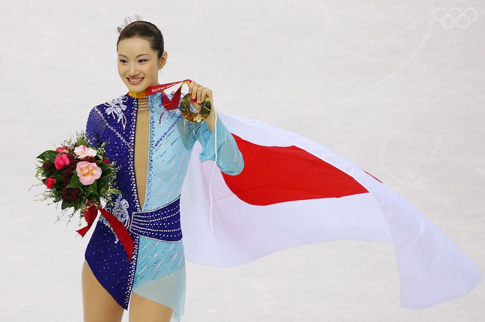 2006: Japanese singles skater Shizuka Arakawa wins the olympic gold medal this year in her kimono-inspired costume, creating the trend of kimono-style skating costumes seen here worn by mao asada (2016), satoko miyhara (2018), and evgenia medeveda (2019)
