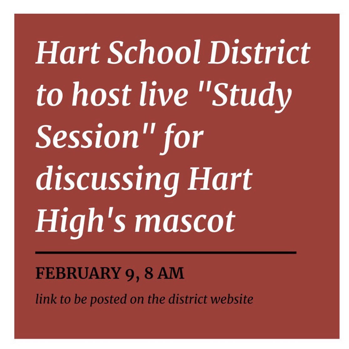 RetireHHSMascot's tweet photo. Tune in Tuesday, February 9 @ 8 AM to watch the board’s first “study session.” These sessions will be a chance to learn about why the mascot is problematic. On February 17, there’ll be another meeting where Fernandeño Tatavium Tribal President, Rudy Ortega, will speak. https://t.co/fZ0ulHf9M0