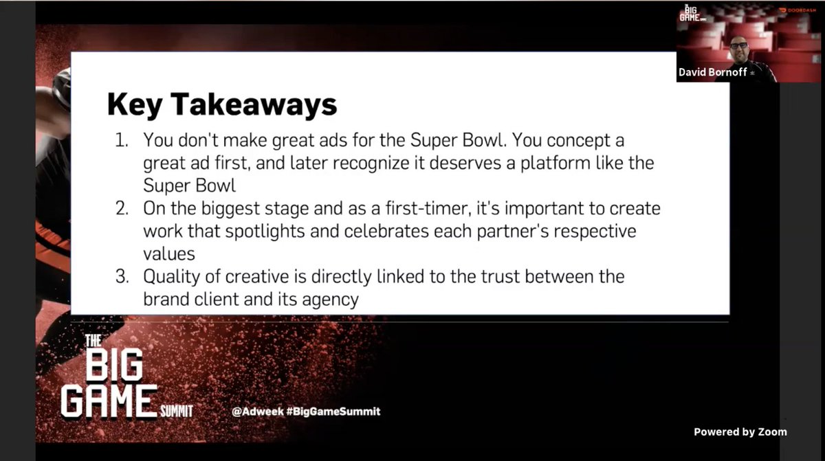 Adweek's tweet photo. Key takeaways from @DoorDash's @DavidTaiBornoff and @MartinAgency's @danthirtysix #BigGameSummit https://t.co/wuiA7ePFrC