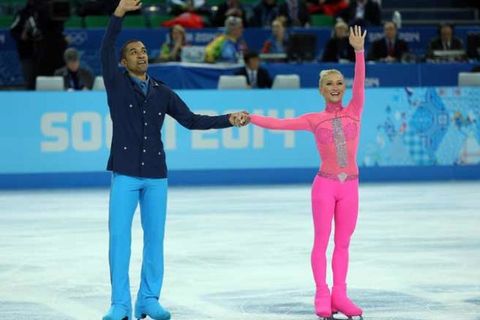 2013: pairs skater Aljona Savchenko wears her iconic bright pink bodysuit for her "Pink Panther" program, inspiring a generation of pairs skaters to favor sleek, bold, and athletic bodysuits that had since fallen out of style since 2006.