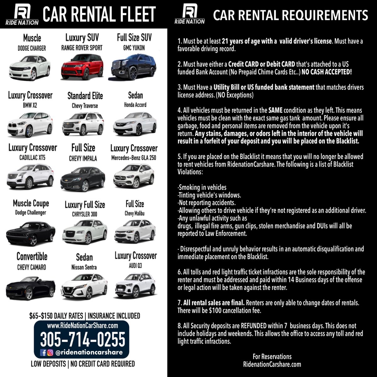 Before you book please review the requirements! Text us or Visit RideNationCarShare.com to make reservations! #carrental #rental #luxuryvehicles #luxurycarrental