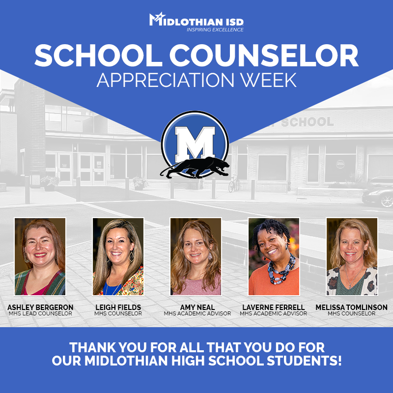 MidlothianISD's tweet photo. The Midlothian High School counselors are critical to serving the needs of the students. They provide guidance for MHS students as they progress through high school years and make plans for the future. We love their commitment to our students! #MISDProud #NSCW21 https://t.co/gIa5SkXXqg