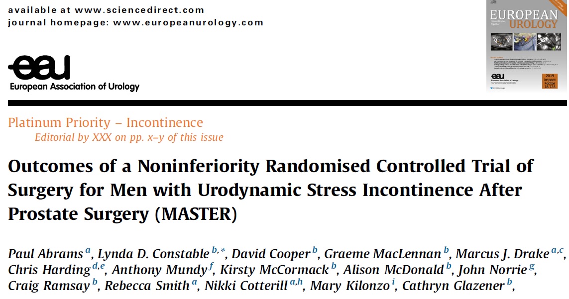 It has been a long haul but MASTER has successfully delivered! Conclusions; no evidence of difference between male sling and AUS. Symptoms/ quality of life
improved in both groups, men were generally satisfied. Overall, secondary and post hoc analyses favoured AUS.