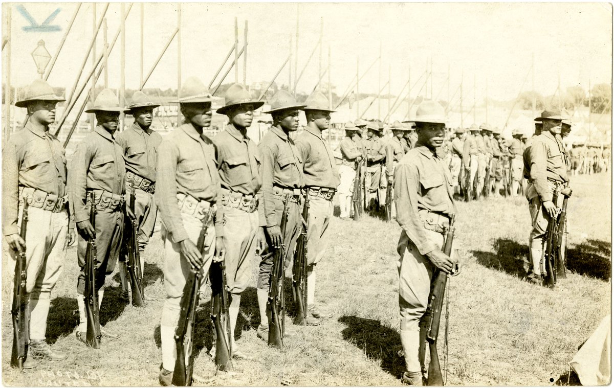 ACWMuseum's tweet photo. Here is another image from our John H. Motley collection of items from African American #militaryhistory. It depicts some of the 1,000 men who entered the U.S. Army's Fort Des Moines training camp as the first black officer candidates during WWI. #BlackHistoryMonth https://t.co/4EXGqpJnOa