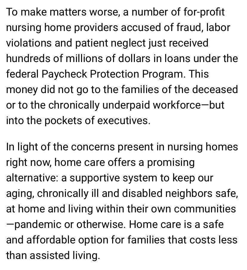 On August 21, 2020,  @Biaggi4NY and I penned an oped calling for full funding of home care services to counter the poor conditions and management of nursing homes.  @CaringMajority 13/ https://www.crainsnewyork.com/op-ed/new-york-must-protect-elderly-investing-home-care