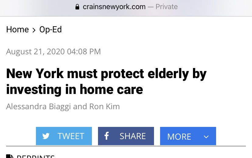On August 21, 2020,  @Biaggi4NY and I penned an oped calling for full funding of home care services to counter the poor conditions and management of nursing homes.  @CaringMajority 13/ https://www.crainsnewyork.com/op-ed/new-york-must-protect-elderly-investing-home-care