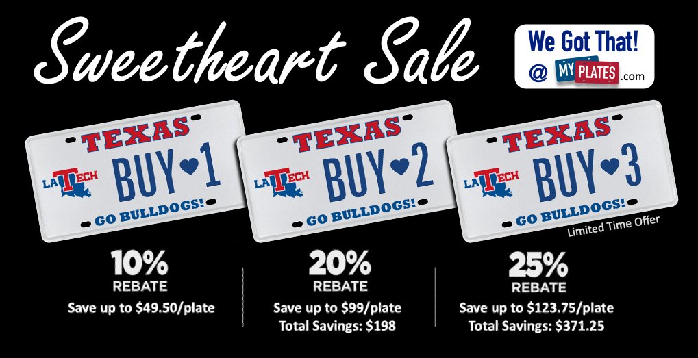 TEXAS ALUMNI: Need a gift for your Tech sweetheart? ❤️ We know just the thing! Order your very own personalized license plate for you and your Valentine!

Visit myplates.com/go/latech to learn more!