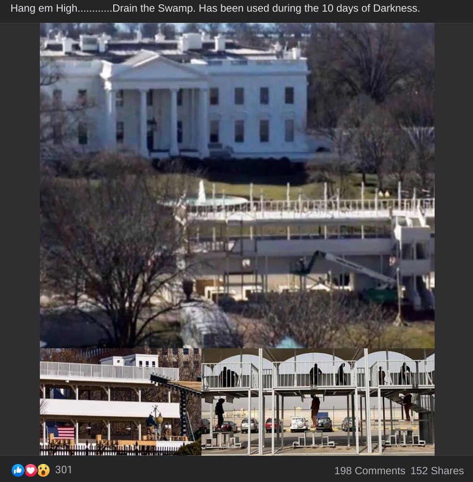 A quick story about bloodlust, QAnon and Facebook:There's a picture going Facebook right now that refers to the 10 Days of Darkness.Some Q people believe Trump is still in power and has been secretly executing the Deep State for the last 10 days in front of the White House.