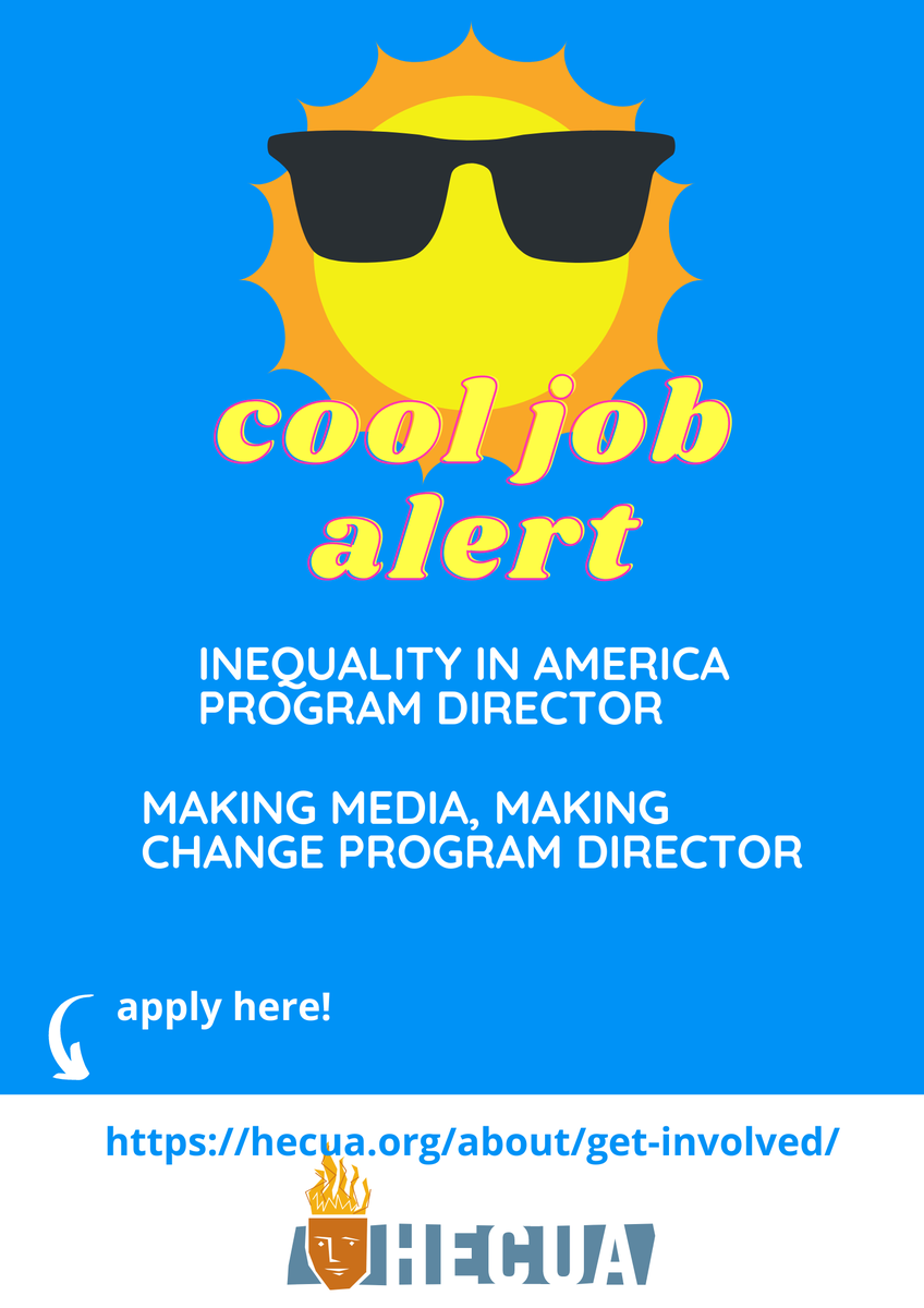 Our colleagues at <a href="/HECUA_offcampus/">HECUA</a> are hiring two positions, both year round, full time Program Directors, one for the Inequality in America program and another for the Making Media, Making Change program. Learn more: buff.ly/3jlfEo6

Application's due 5 PM CST March 31.