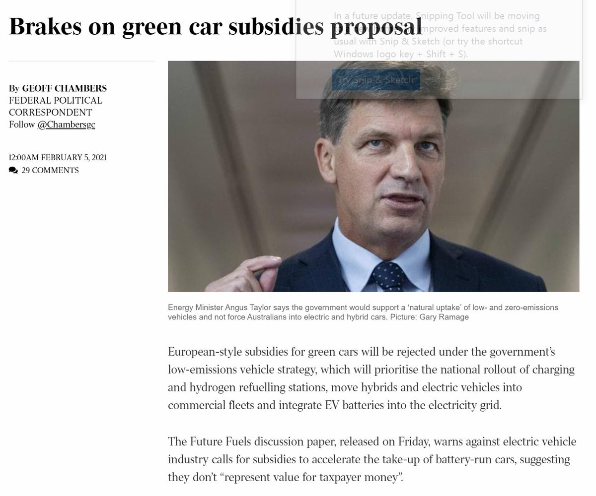 Minister  @AngusTaylorMP has (again) gone backwards on climate policyIn the underwhelming 'future fuels discussions paper' out today the Minister has confirmed no real support for Electric Vehicles Or as the Oz puts it - he has hit the brakes on EVsThread