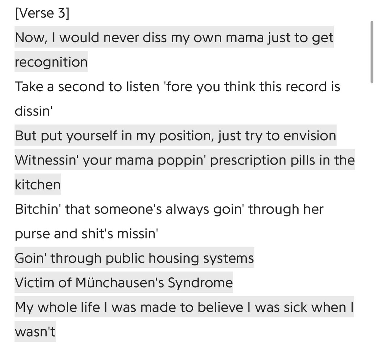 The third song certainly takes a more introspective note, with ‘Cleaning out my closet.’ It deals primarily with Eminem’s issues with his mother, as well as his ex wife, Kim. He also mentions his father leaving him when he was a child.