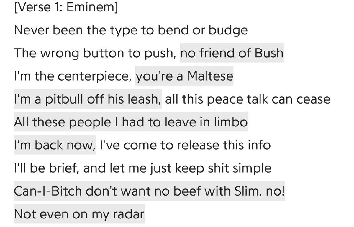 Square dance is a full on anti George Bush anthem, as he was in office at the time of release of this album. The hook of the song even has Eminem doing a fake Texas accent, making a mockery of George bush, as he’s from Texas.