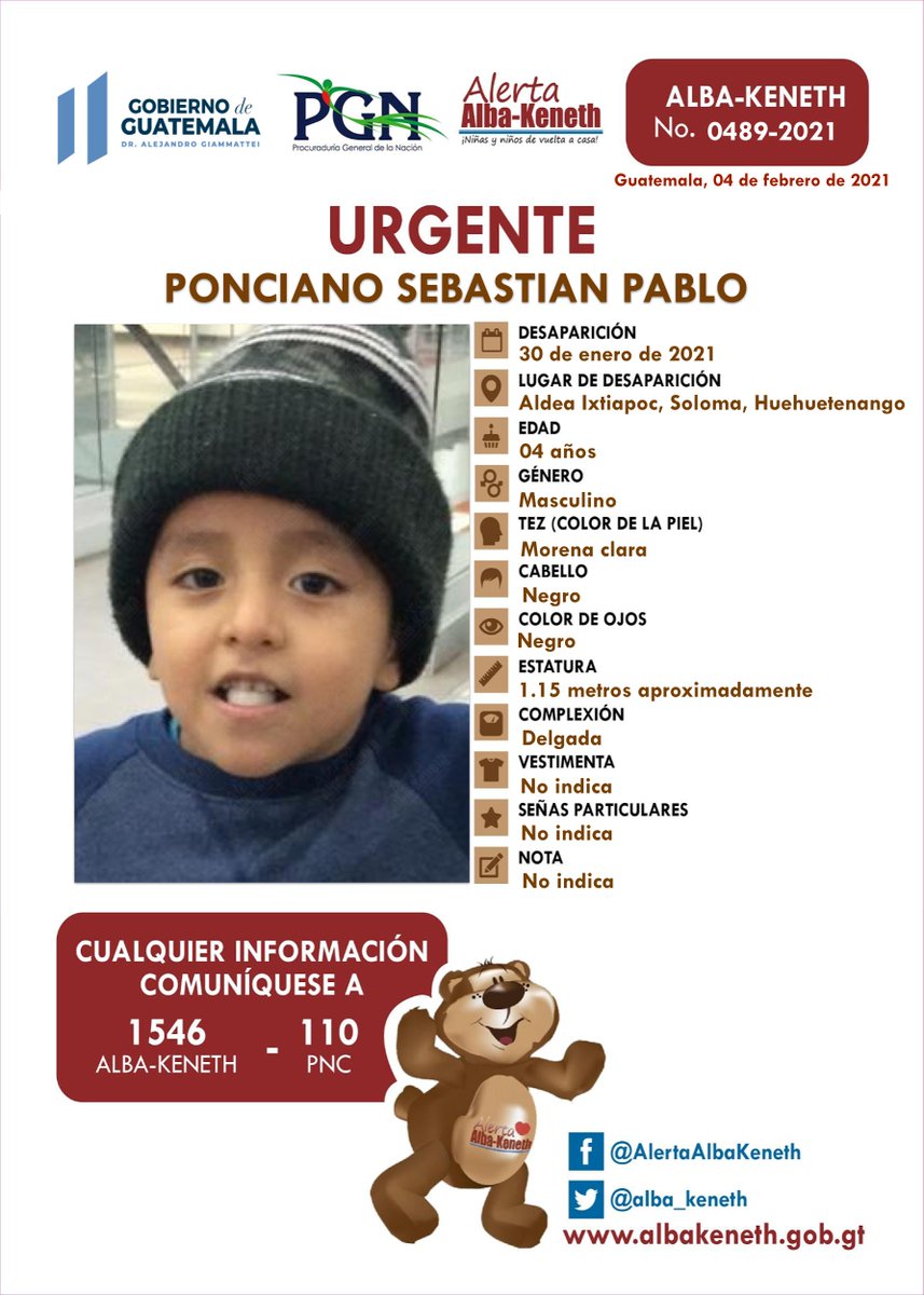 #AlertaAlbaKeneth ⚠ | Ponciano Sebastian Pablo, de 04 años de edad. Desapareció el 30 de Enero de 2021, en Aldea Ixtiapoc, Soloma, Huehuetenango.
 
🔁Comparte y ayúdanos con su localización
📞Si tienes información llama al 1546