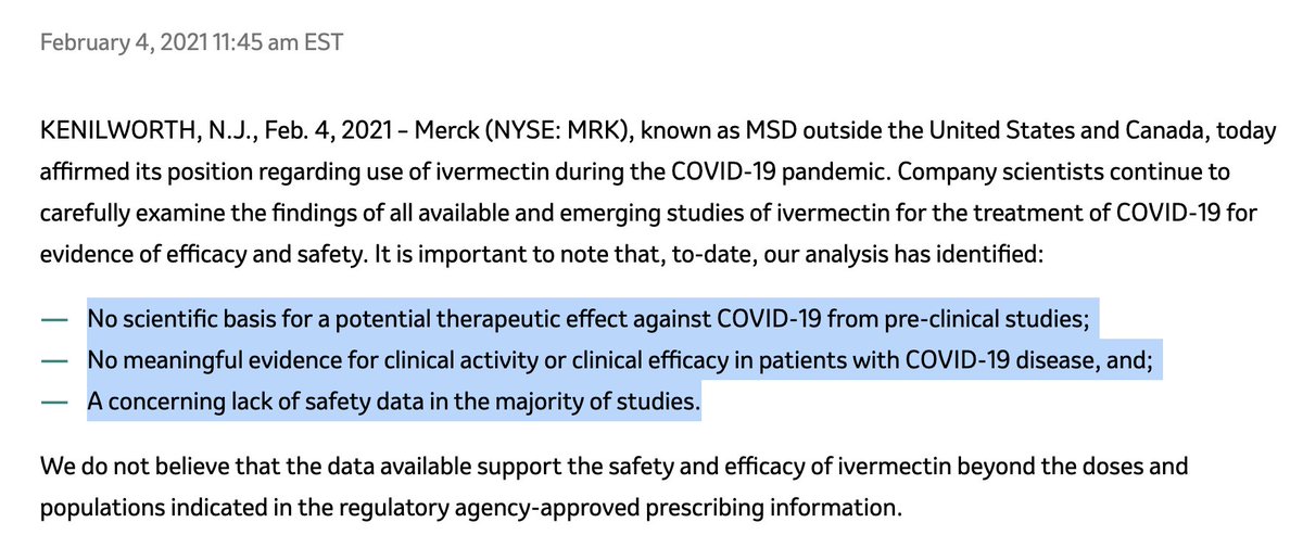 ENirenberg's tweet image. Merck is a manufacturer of Ivermectin. 

Here it is saying there is no justification for its use in COVID-19: 

merck.com/news/merck-sta…

Please consider how strong a statement this really is: they make the thing. They have every incentive to push it out. They are choosing not to.