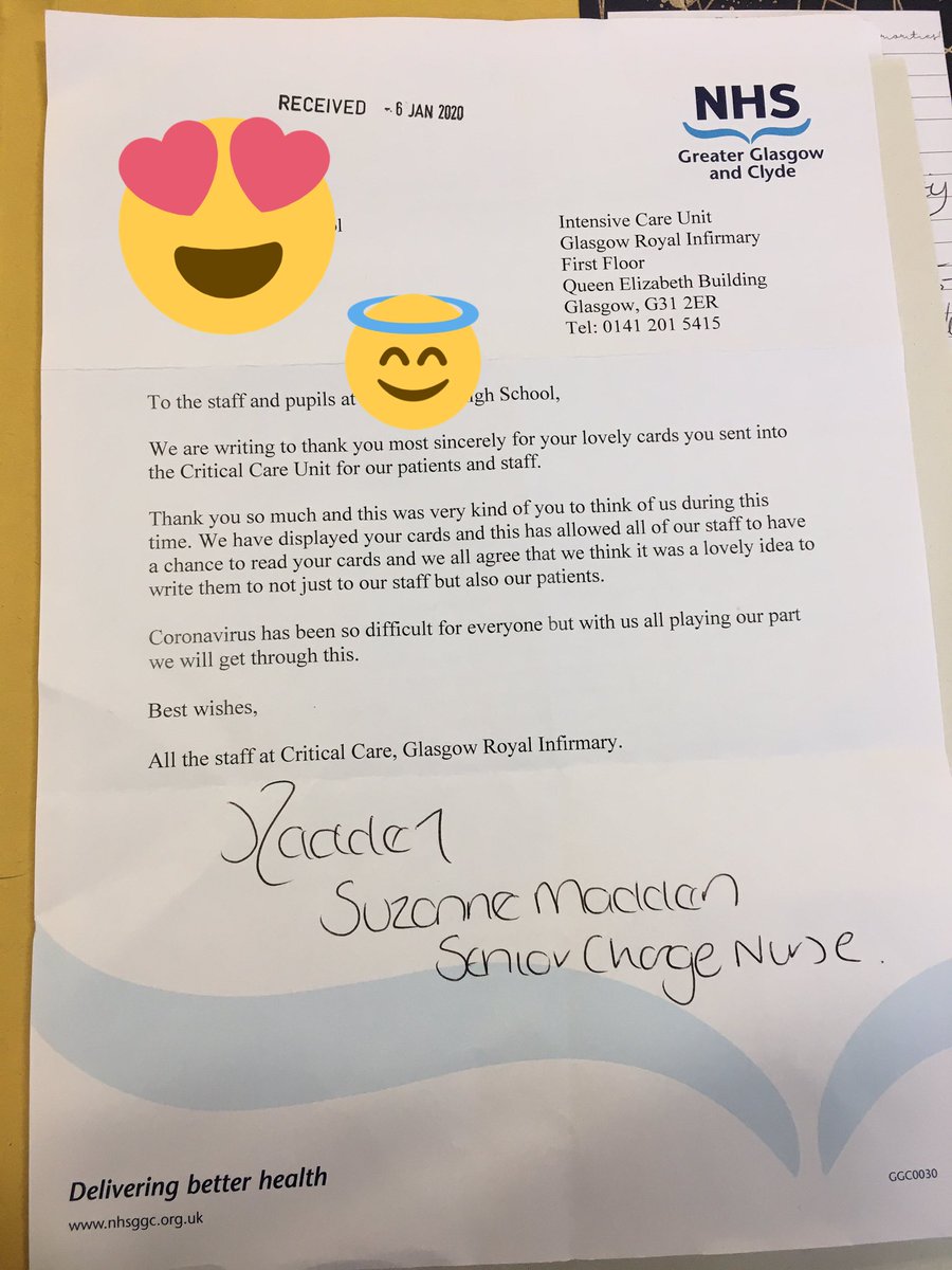 A lovely thank you letter from ICU at the Royal Infirmary for the BGE Christmas Card initiative this Christmas. This serves as a great reminder about what we’re doing this for 👏🌈
