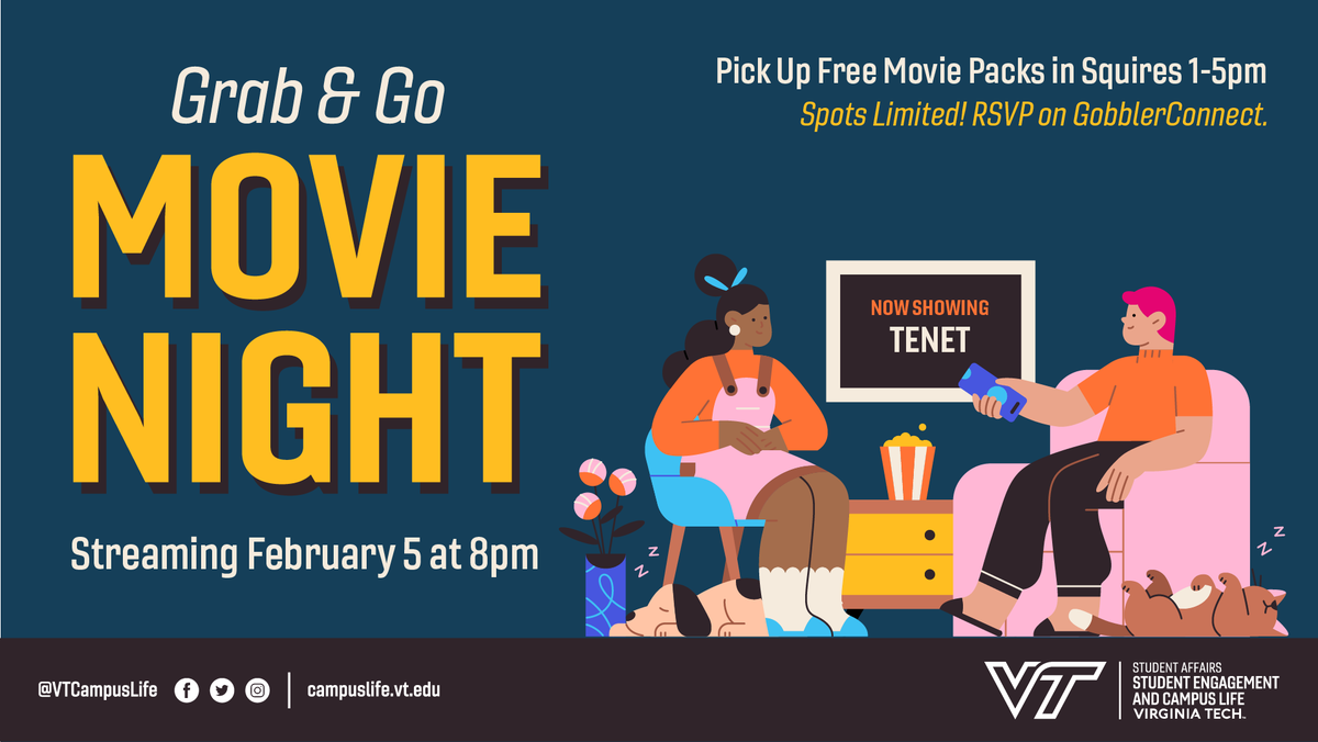 We've got everything you need for a pod movie night! Stop by Squires tomorrow from 1-5pm to pick up your free snack pack and then RSVP on GobblerConnect to get 24-hour access to Tenet starting at 8pm! gobblerconnect.vt.edu/event/6639761
