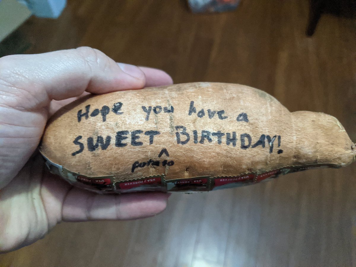justfreeman's tweet photo. I kinda feel bad for shipping my first potato on #ThankAMailmanDay. Then again, thank you for the opportunity to ship my first birthday potato. https://t.co/MdICZjrzFv
