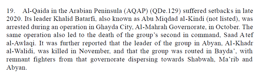 AQAP chief Khalid Batarfi is under arrest and senior AQAP leader Saad al-Awlaki has been killed.