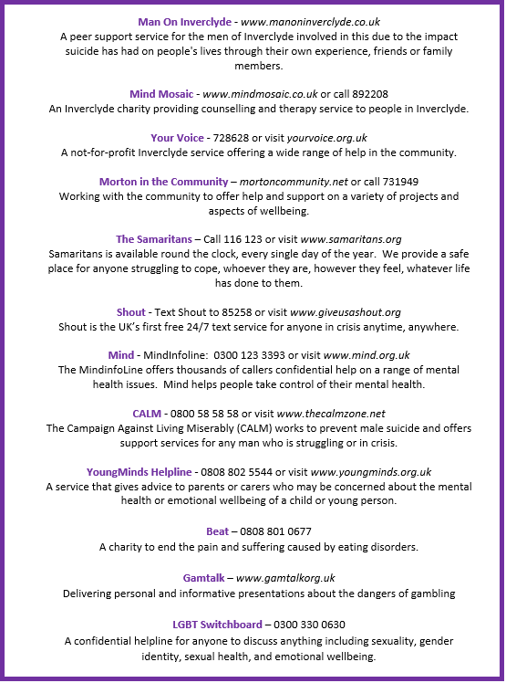 greenocktele's tweet photo. We hope that today has been insightful, inspiring and encouraging.
Our final post tonight is a reminder of all the excellent organisations available to offer help to those from a variety of backgrounds.
Together we can help end mental health stigma. 💜
#TimeToTalk #Quest2Talk https://t.co/92CNuA0Etw