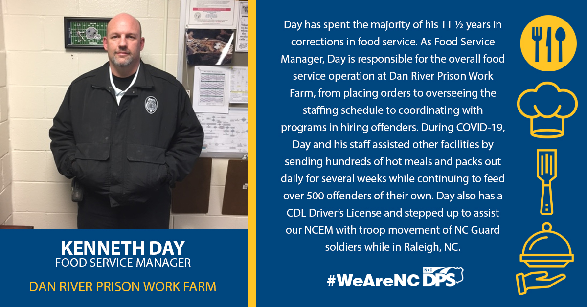 NCPublicSafety's tweet photo. It's Pride in Food Service Week & we're shining a spotlight on exemplary members of food service staff. Food Service Manager Kenneth Day rose to meet the challenges of 2020 head on, running a successful program at his facility while helping others. #WeAreNCDPS #FoodServiceWeek https://t.co/vsZCAWOwuo