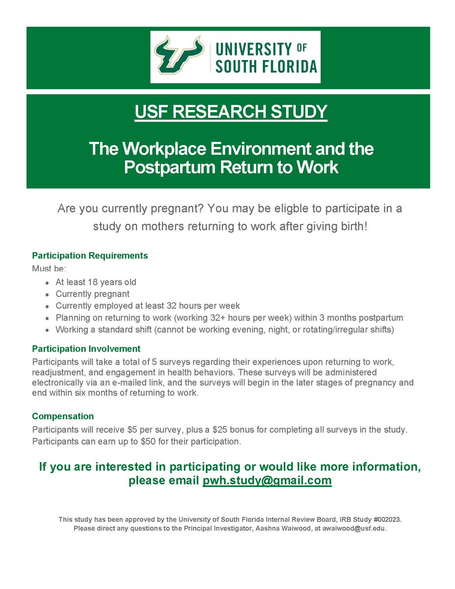 TammyDAllen's tweet photo. We are recruiting! Are you currently pregnant and employed? We are investigating work environments and return to work postpartum. Click link to learn more, see if you're eligible, and take the first survey: https://t.co/oUG1UhIZev
#pregnancy #IOPsych #OHPsych https://t.co/MzoYvFqDrd