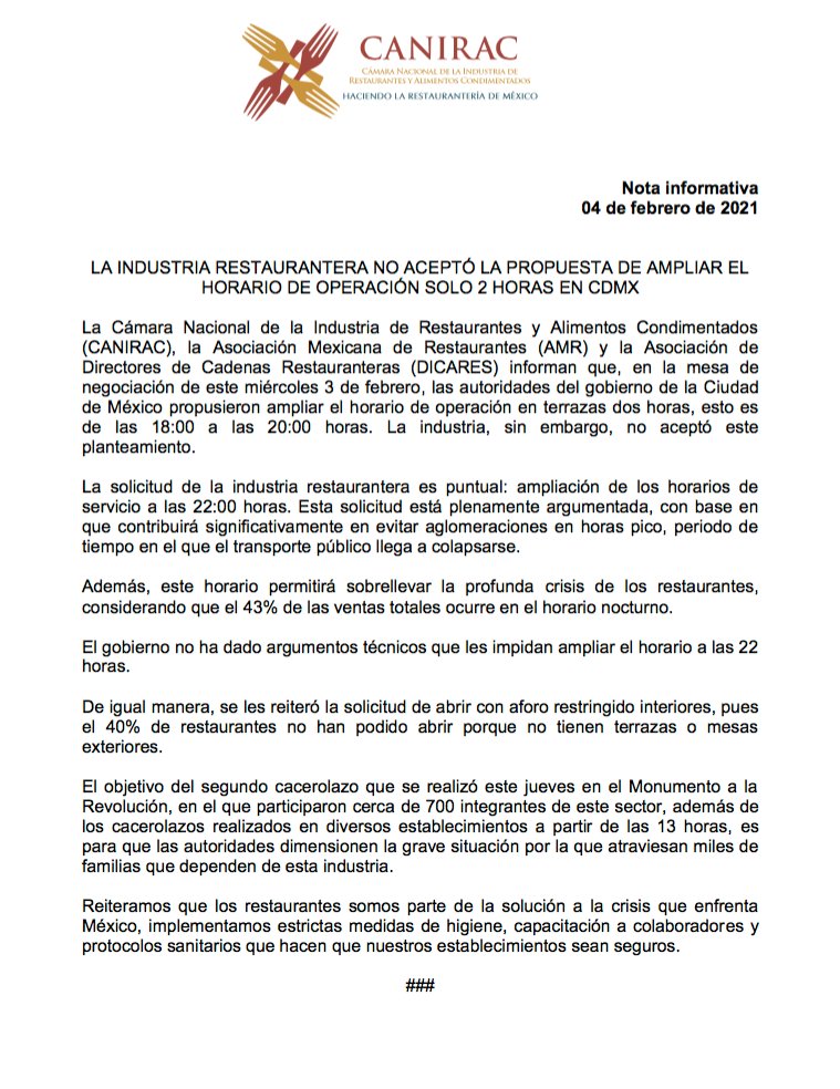 Compartimos la siguiente nota informativa: La #Canirac no aceptó la propuesta del <a href="/GobCDMX/">Gobierno de la Ciudad de México</a> de ampliar el horario de operación solo por dos horas 👇