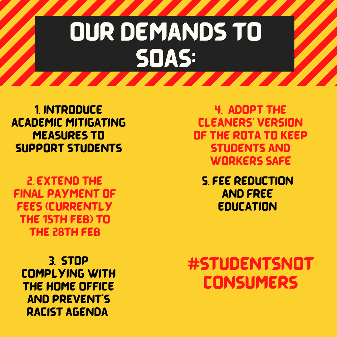 soaswtfees's tweet photo. Our demands to SOAS, calling for action from the government! #soaswtfees #studentsnotconsumers #9k4what #scraptuitionfees https://t.co/274pXf5cVn