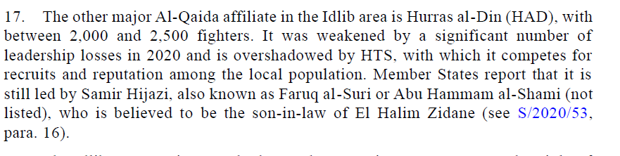 In Idlib, Hurras al-Din is at 2000 to 2500 fighters; leader Faruq Suri is believed to be son-in-law of Saif al Adal (?).