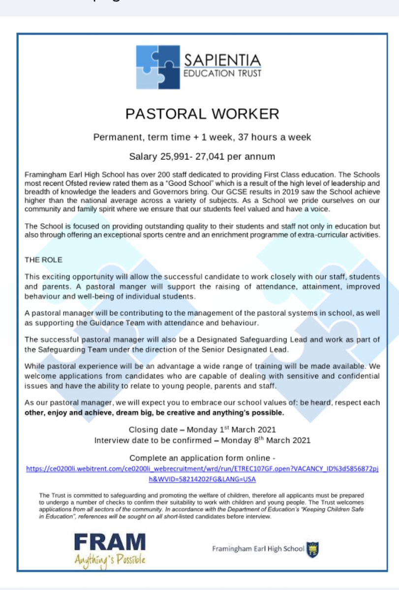 Great opportunity at our school - please share if you know people who may be interested in joining us <a href="/FraminghamEarl/">Framingham Earl High School</a>